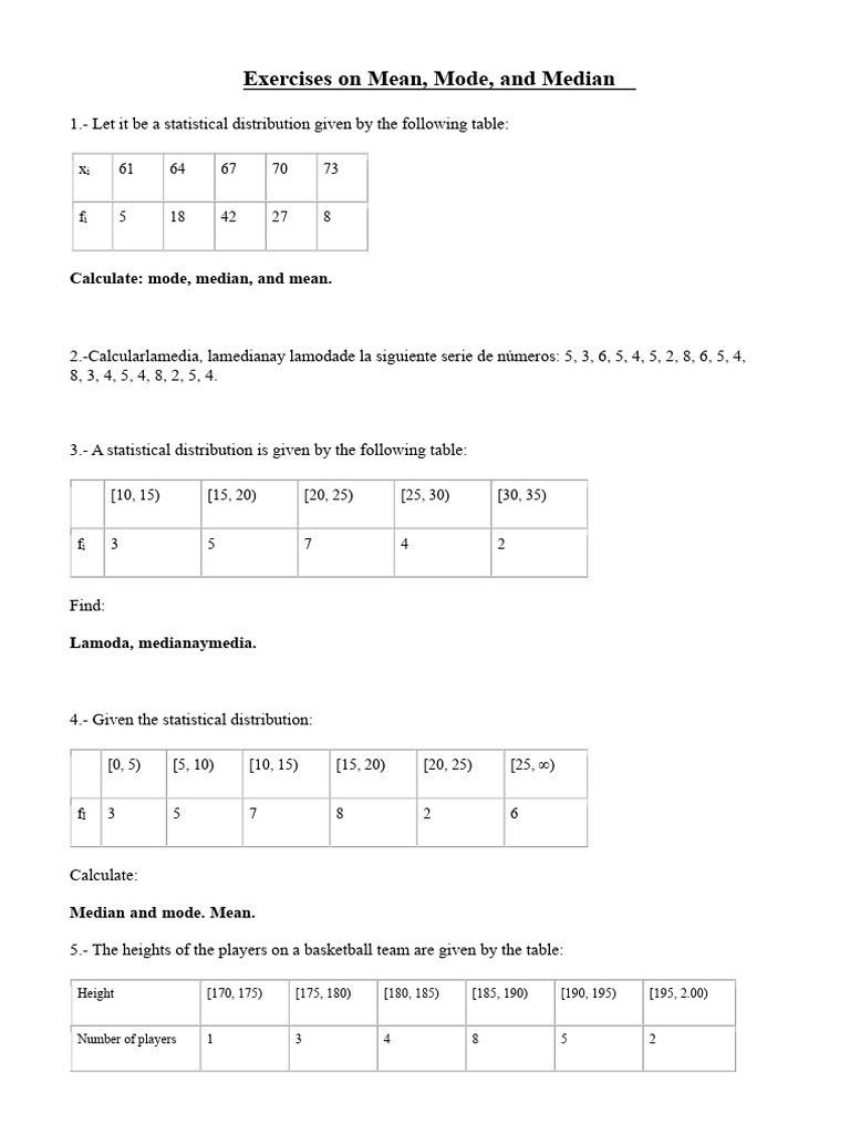 Mean, Mode, and Median Exercises | PDF | Mode (Statistics) | Mean