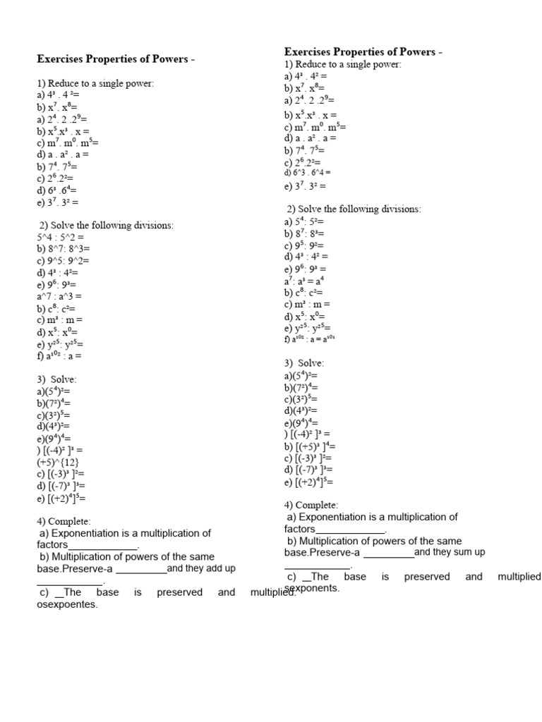 Exercises Properties of Exponents | PDF | Exponentiation | Multiplication