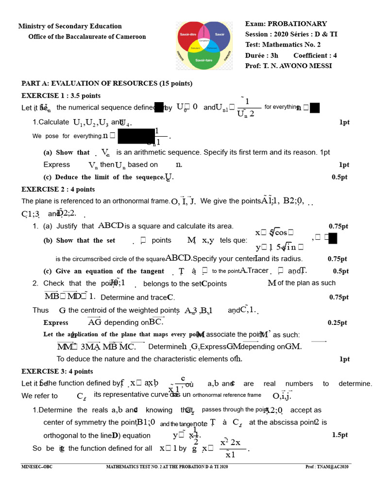 MATHEMATICS - PROBATIONARY EXAM - SESSION 2020 SERIES D CAMEROON | PDF ...