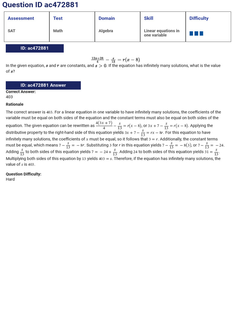 SAT Math Problem Solutions and Rationale | PDF | Equations | Algebra