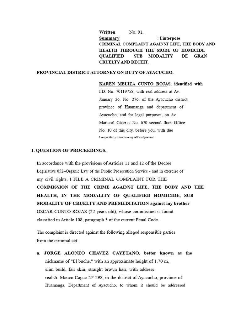 CRIMINAL COMPLAINT FORMAT | PDF | Murder | Justice