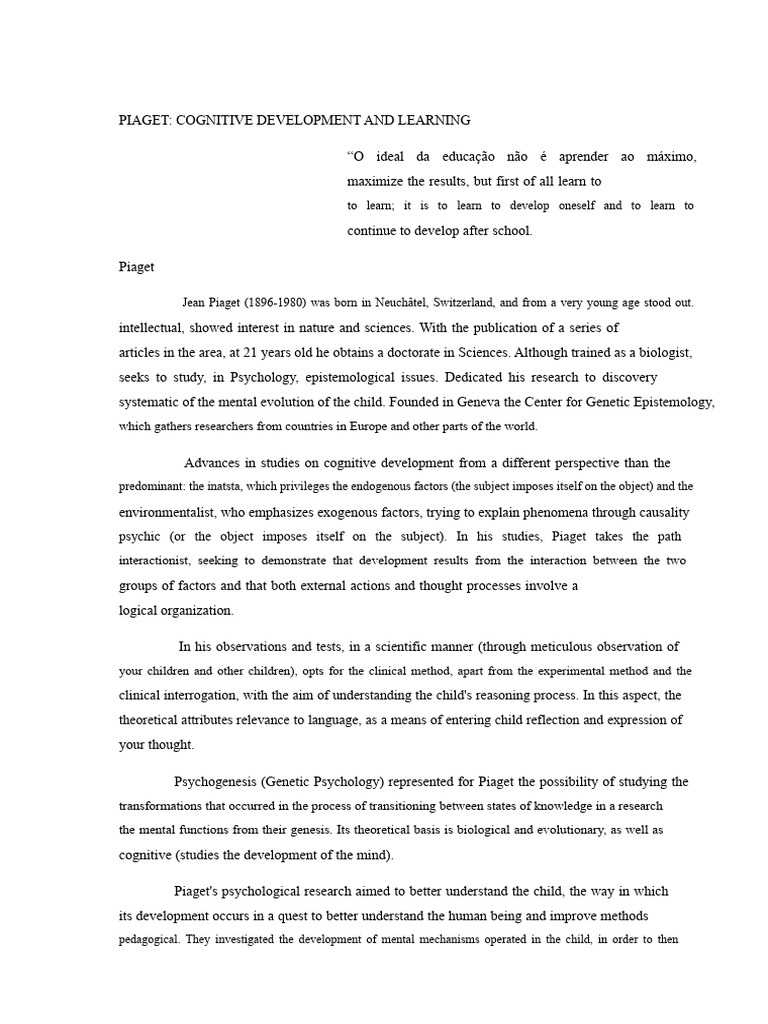 Piaget's Theory of Cognitive Development | PDF | Thought | Cognitive ...