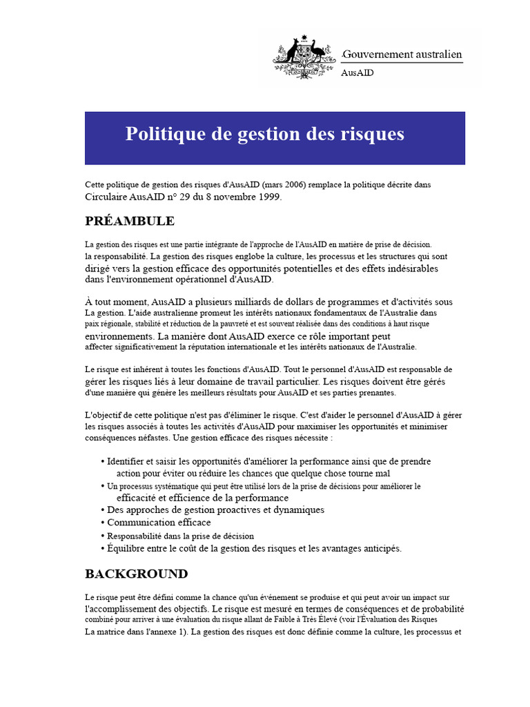 Politique de gestion des risques d'AusAID | PDF | Gestion des risques ...