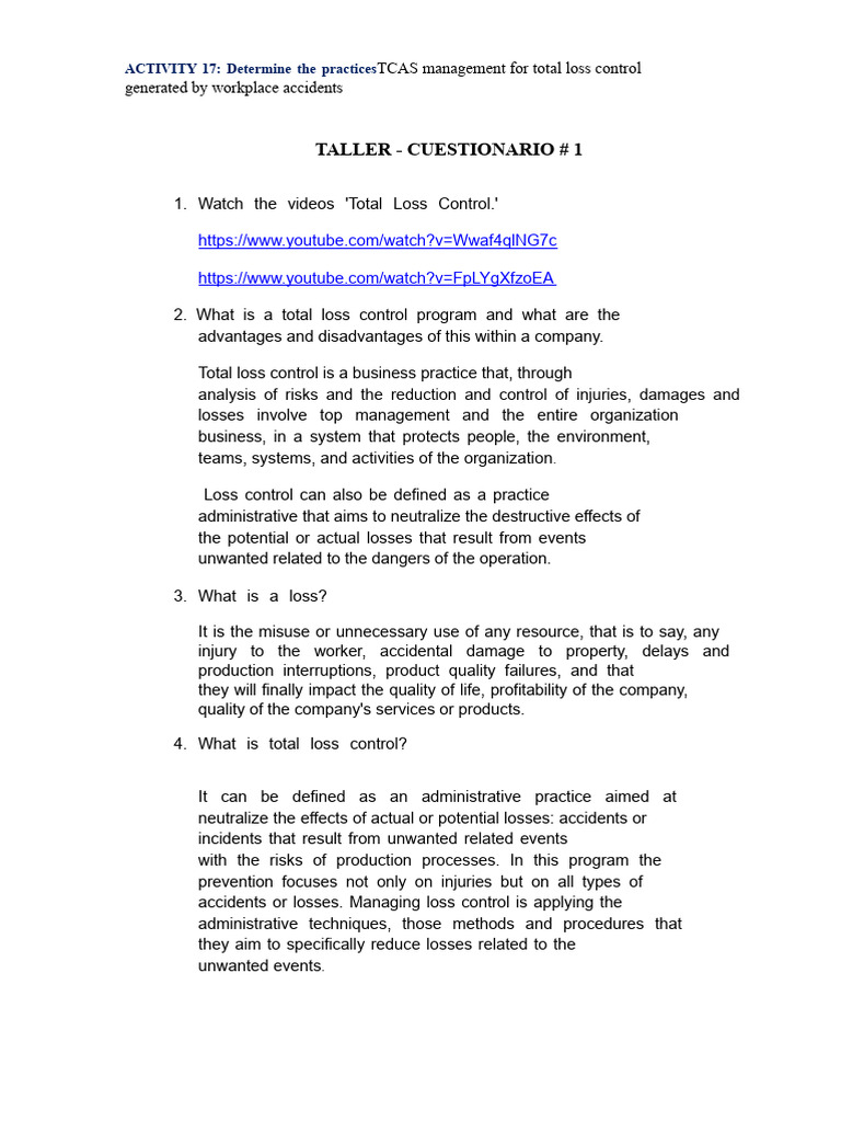 WORKSHOP # 1 TOTAL LOSS CONTROL | PDF | Risk | Safety