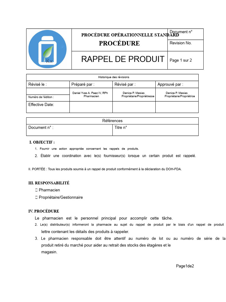 Procédure de Rappel de Produit en Pharmacie | PDF