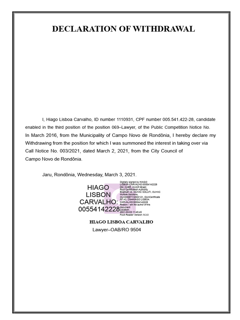 DECLARATION OF WITHDRAWAL - 3rd Place | PDF