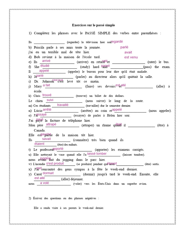 Exercices sur le passé simple en français | PDF