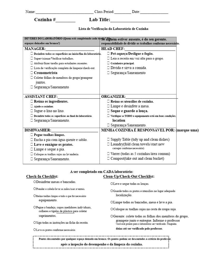 Lista de Verificação para Laboratório de Cozinha | PDF | Culináriar ...