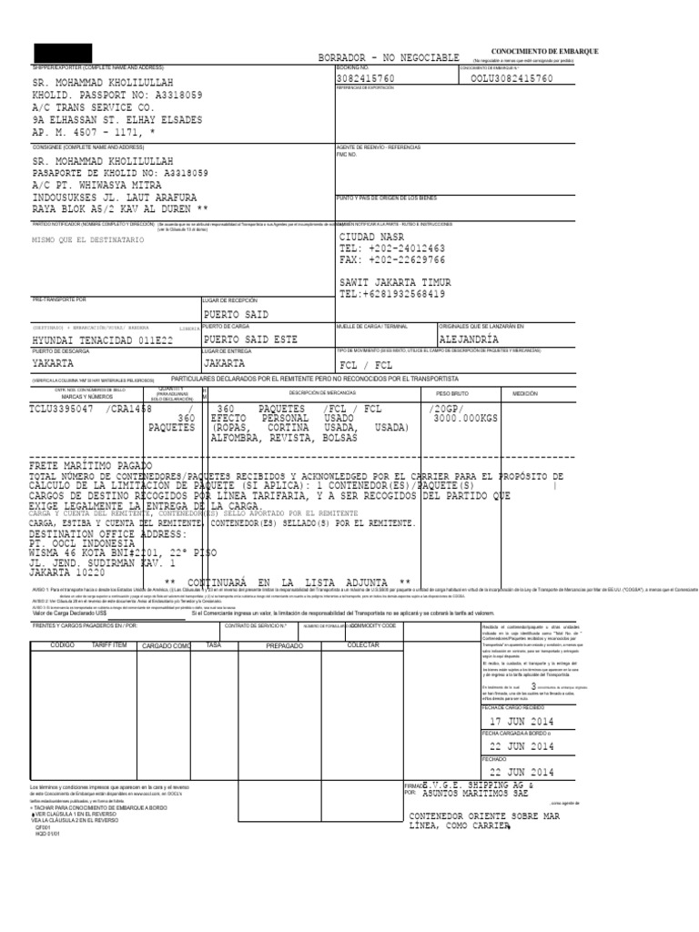 Conocimiento de Embarque Oocl | PDF | Guía de carga | Documentos ...
