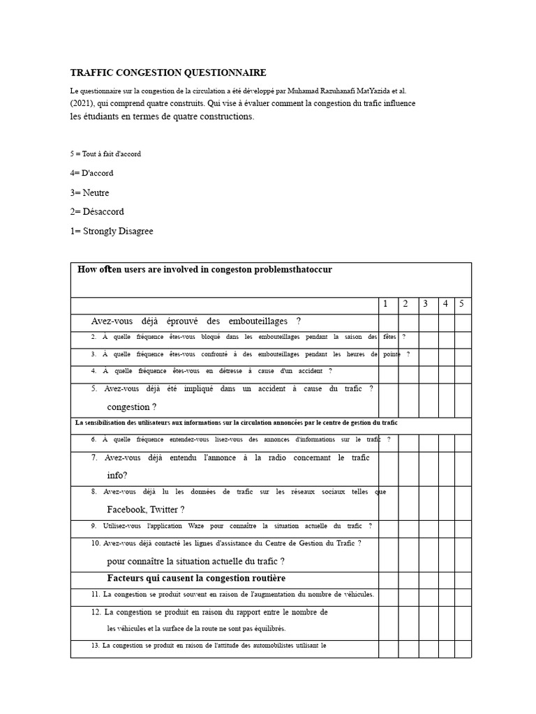 Questionnaire sur la Congestion Routière | PDF | Embouteillage (route ...