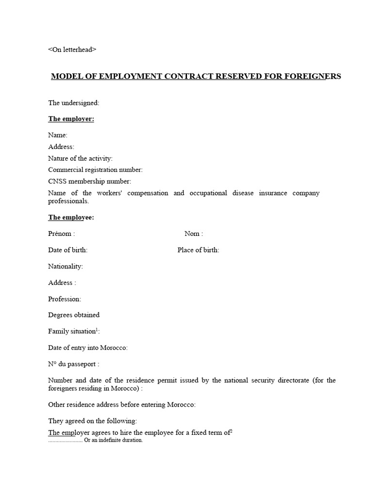 Employment Contract Template for Foreigners | PDF | Employment | Travel ...
