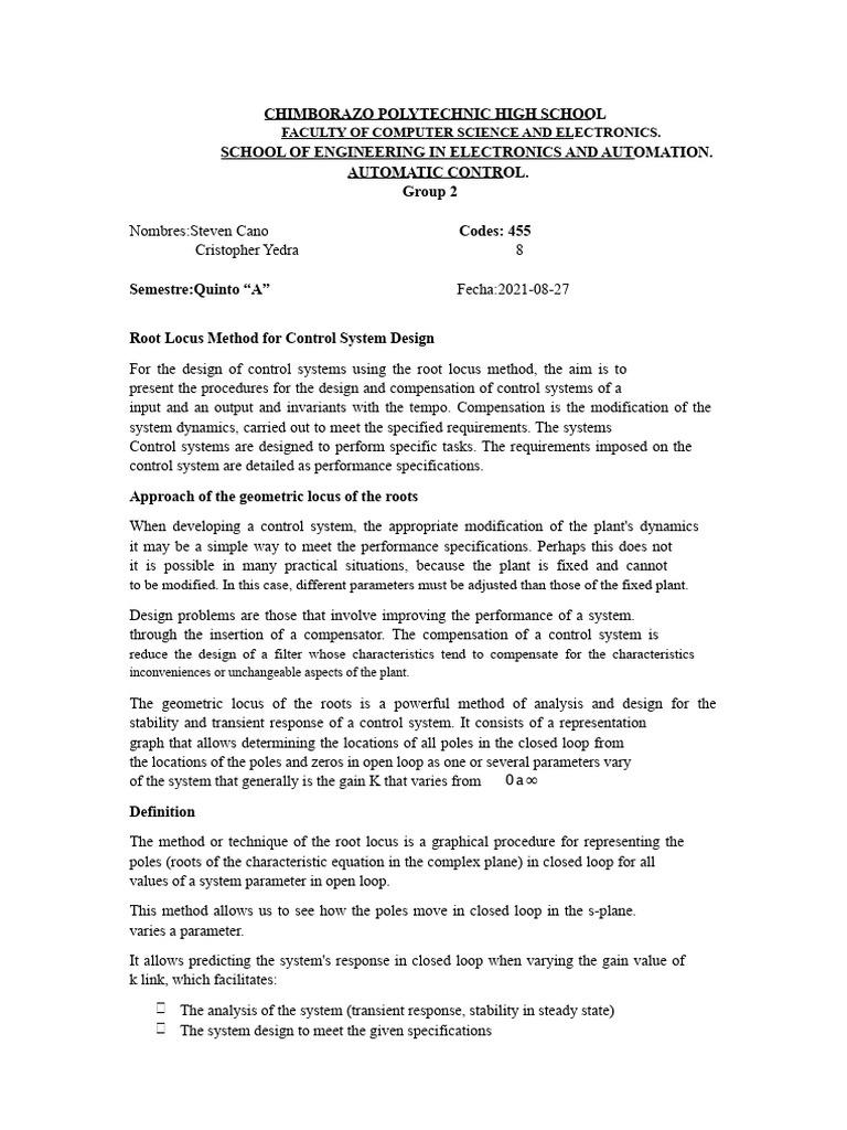 Root Locus Method for Control Systems | PDF | Control Theory | Zero Of ...