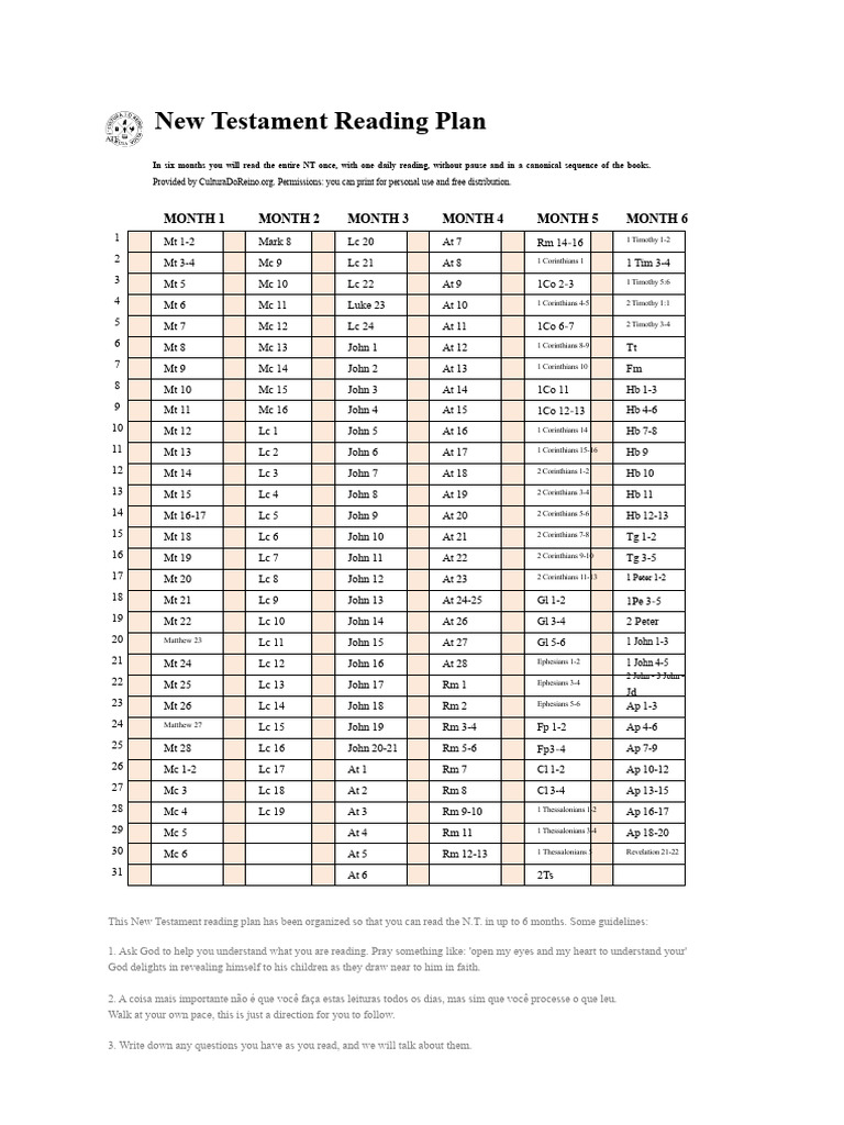6Month New Testament Reading Plan PDF New Testament New