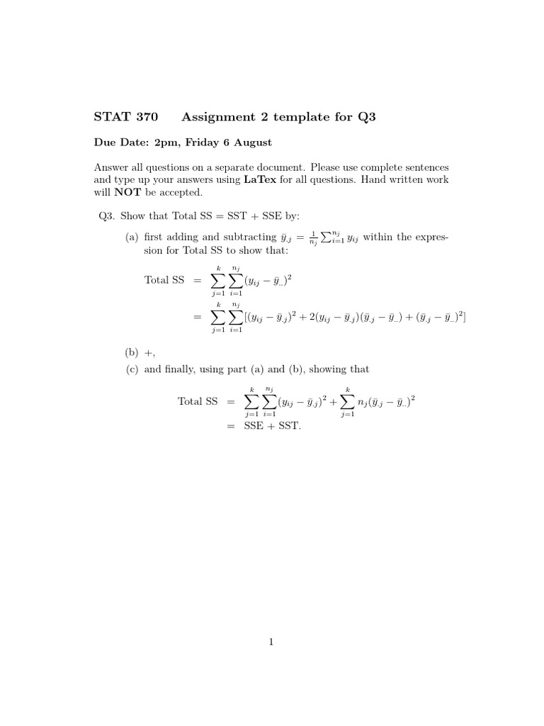 Total SS Calculation in STAT 370 Assignment | PDF