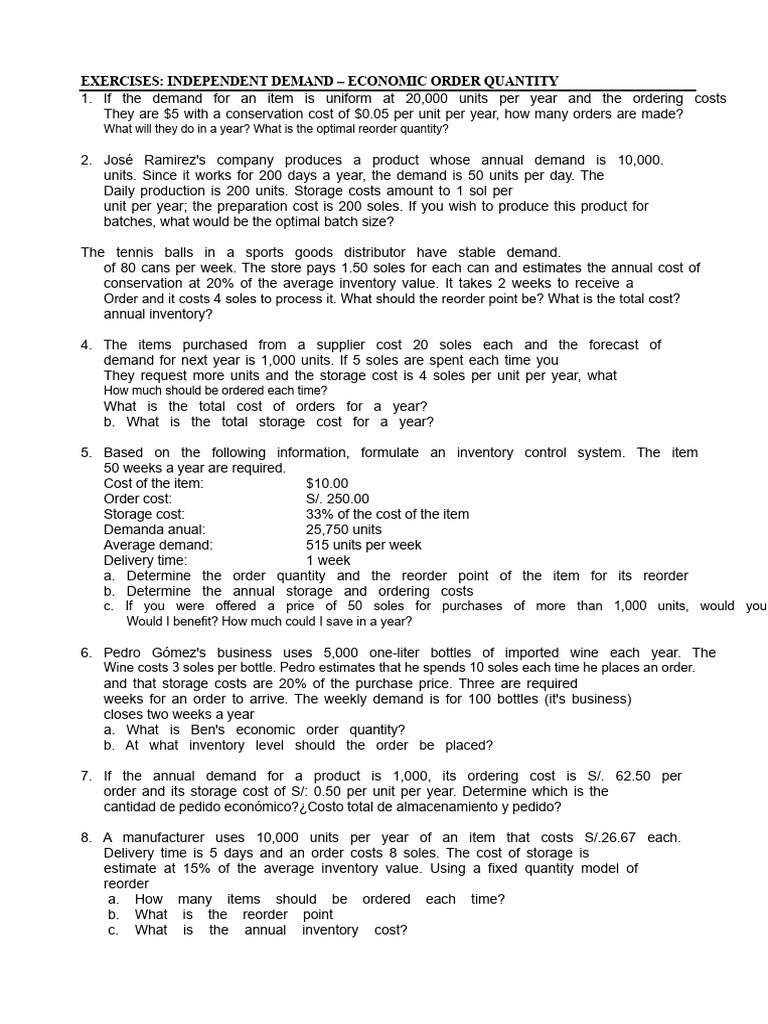 Economic Order Quantity Exercises | PDF | Inventory | Demand