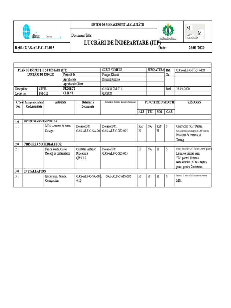 Plan de Inspecție Și Testare - Împărătuire C-015 | PDF