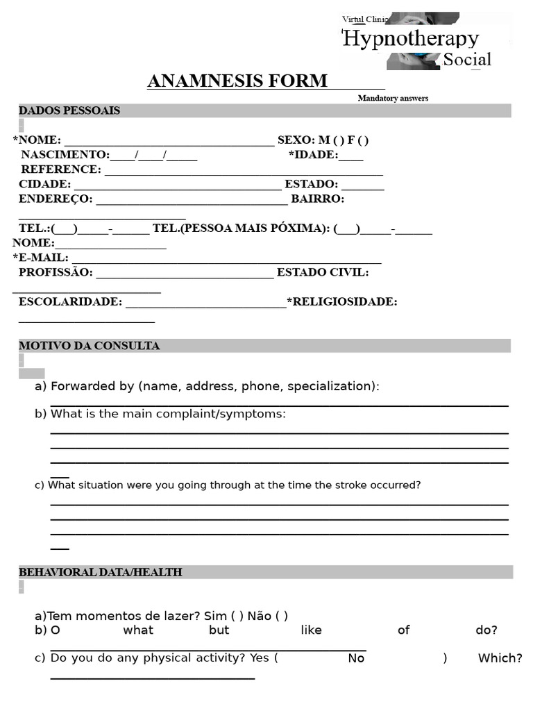 Stroke Recovery Anamnesis Form | PDF | Physical Therapy | Health Care