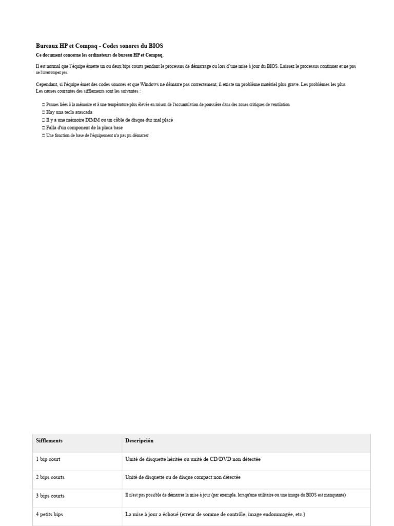 Codes sonores BIOS pour HP et Compaq | PDF | Démarrage d'un ordinateur ...