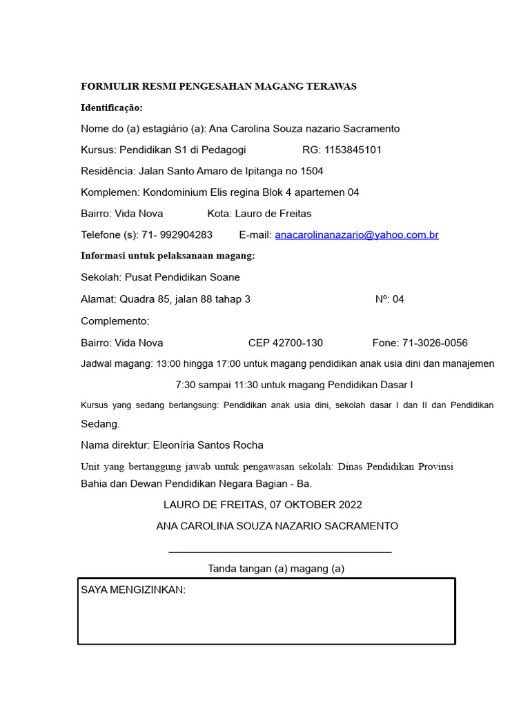 Formulir Magang Ana Carolina di Soane | PDF