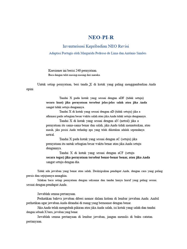 Kuesioner NEO-PI-R untuk Kepribadian | PDF