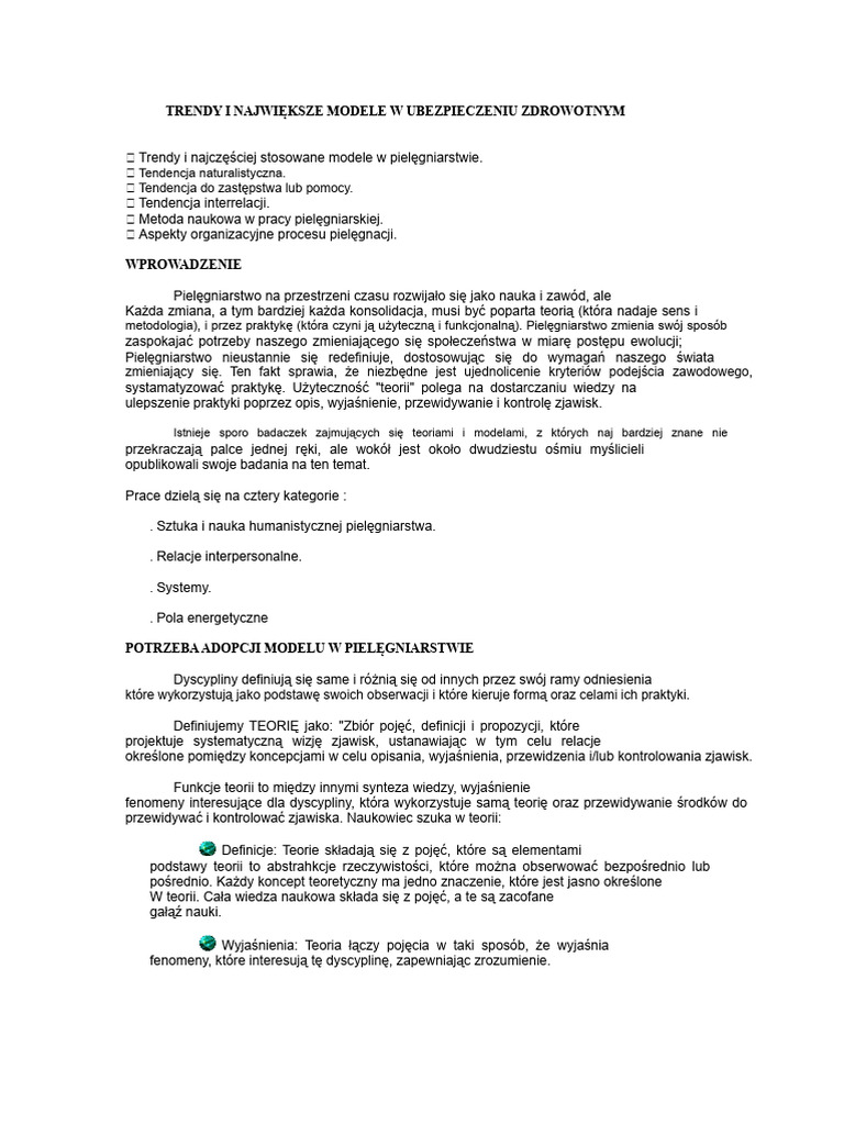 Trendy i najczęściej stosowane modele w pielęgniarstwie | PDF