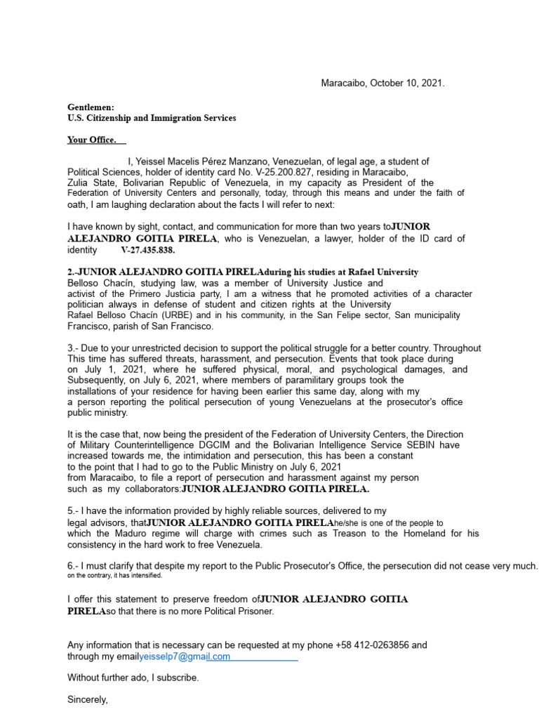 Political Persecution Statement for Goitia | PDF | Venezuela | Justice