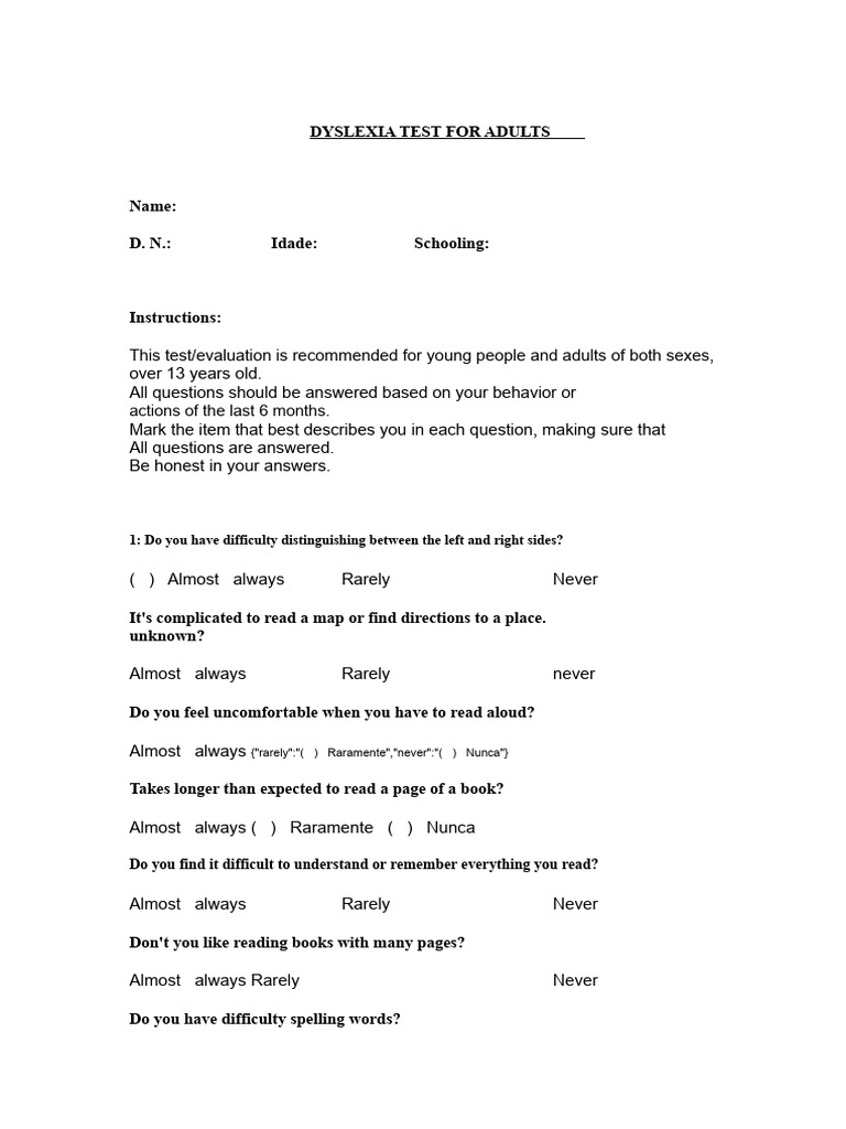 9 Dyslexia Test For Adults | PDF | Dyslexia | Learning