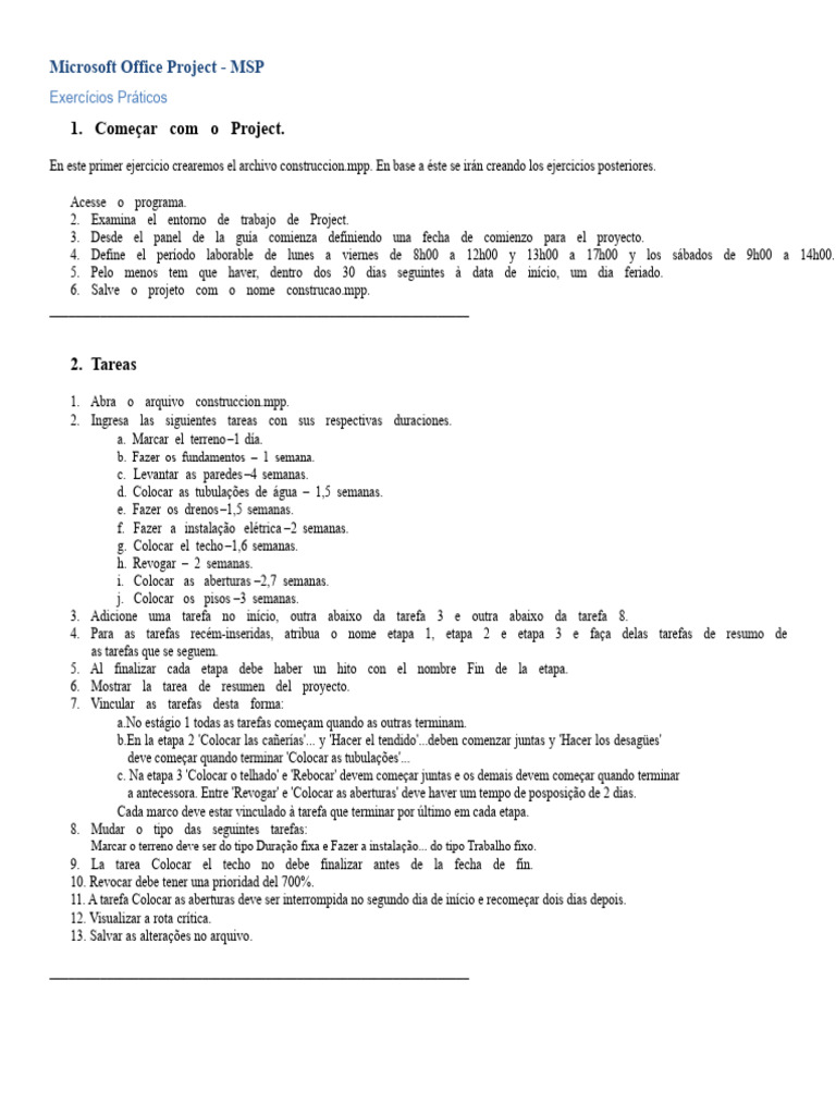 Exercícios Práticos no Microsoft Project | PDF