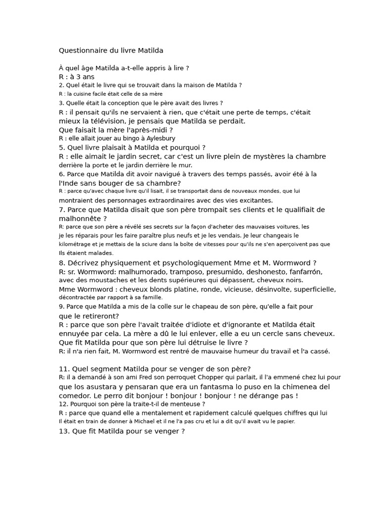 Questionnaire sur le livre Matilda | PDF | Romans britanniques ...