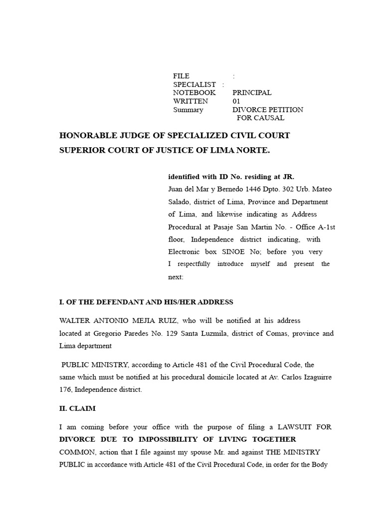 Divorce Petition for Inability to Coexist | PDF | Divorce | Marriage