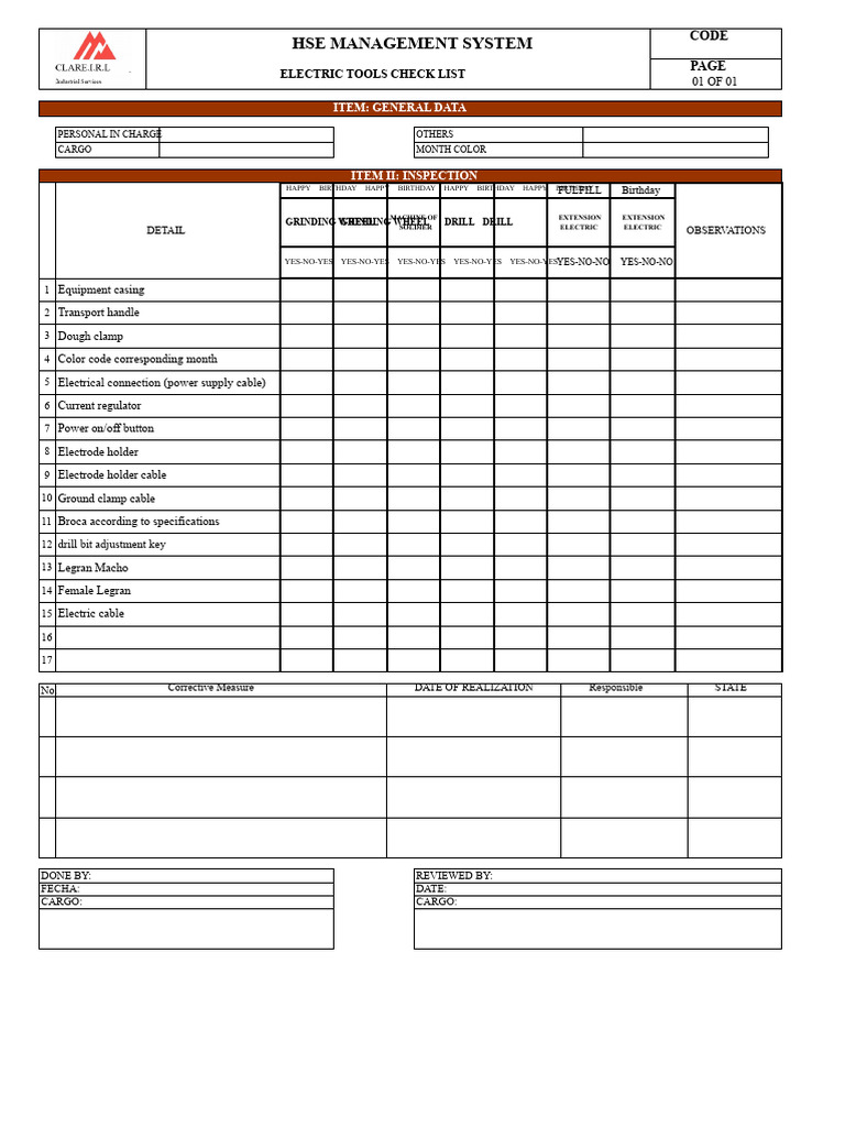 Electric Tools and Hand Tools Checklist | PDF