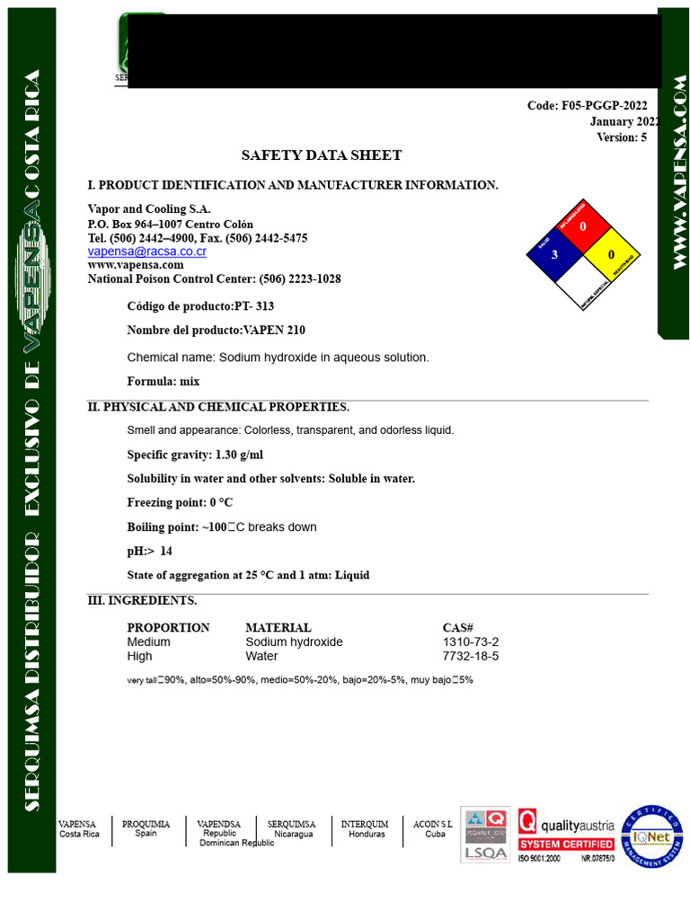 Safety Data Sheet for VAPEN 210 | PDF | Sodium Hydroxide | Water