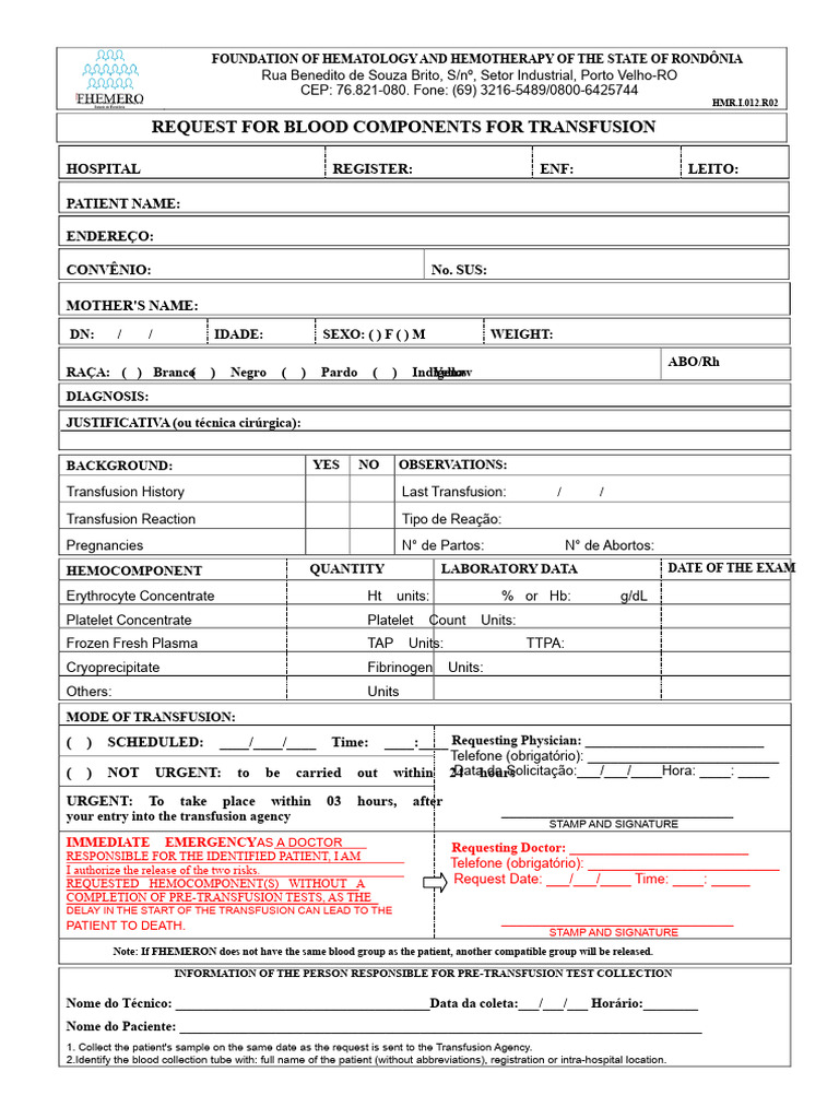 Blood Transfusion Request Form Template | PDF | Blood Transfusion ...