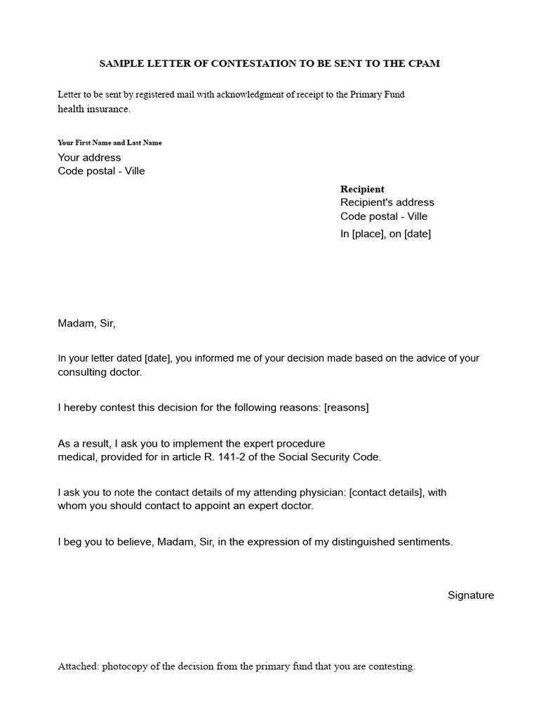 letter of contestation to the health insurance fund | PDF