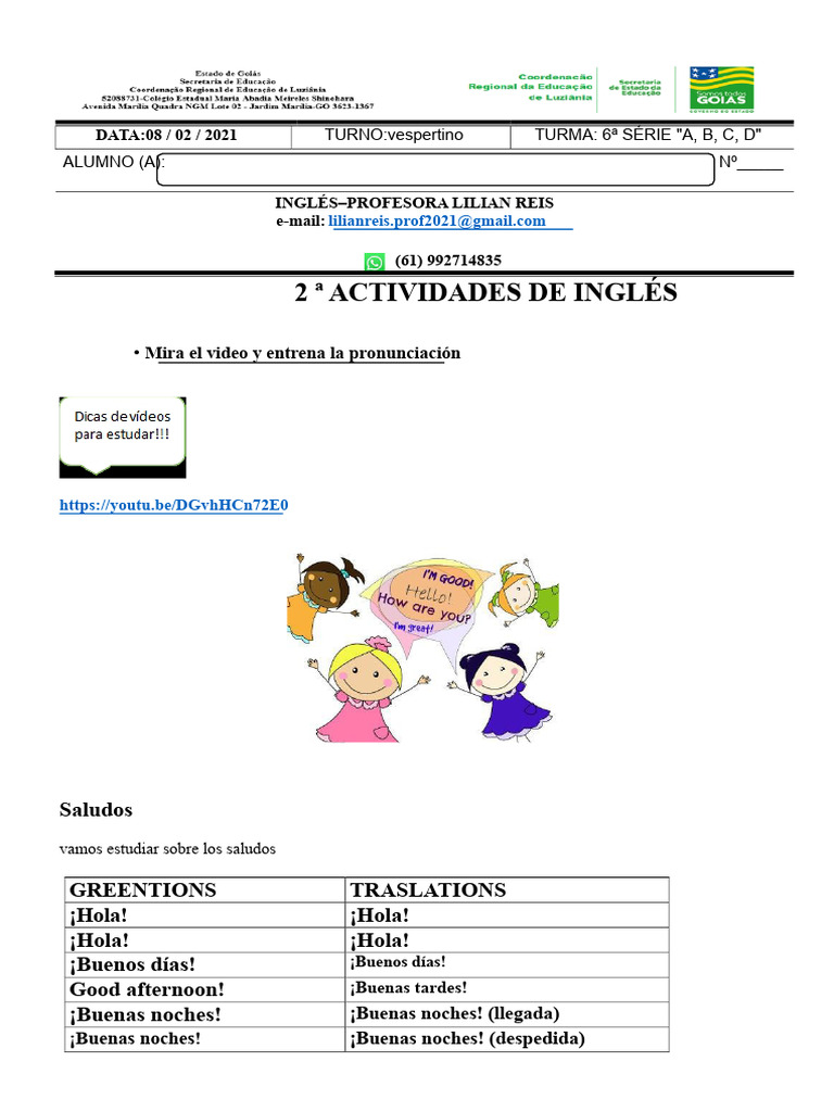 2 ACTIVIDAD de Inglés 6 Años Clave de Respuestas | PDF
