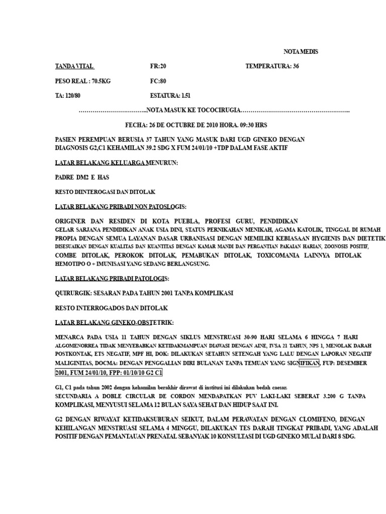 Nota Medis Kehamilan G2 C1 39.2 SDG | PDF