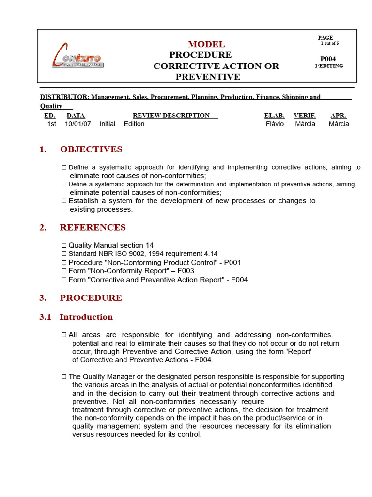 Model P004 Preventive and Corrective Action 1st Ed | PDF | Business ...