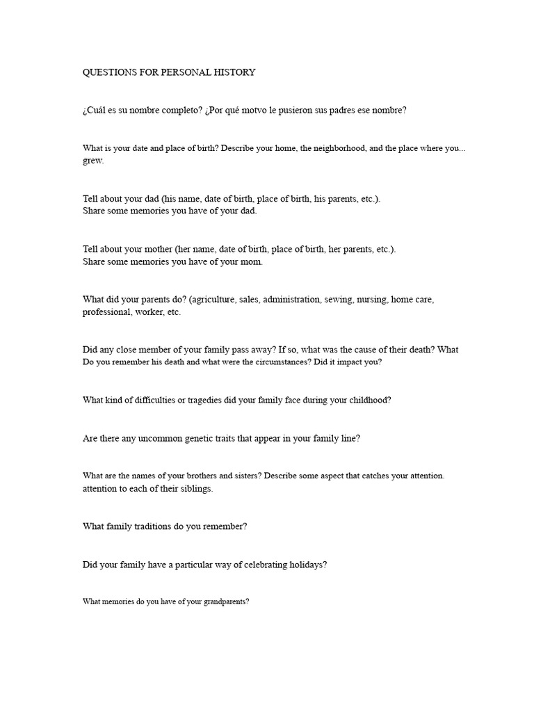 Questions For Personal History | PDF | Behavioural Sciences | Psychology