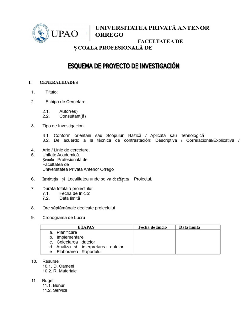 Schema de Proiect de Cercetare - Upao | PDF