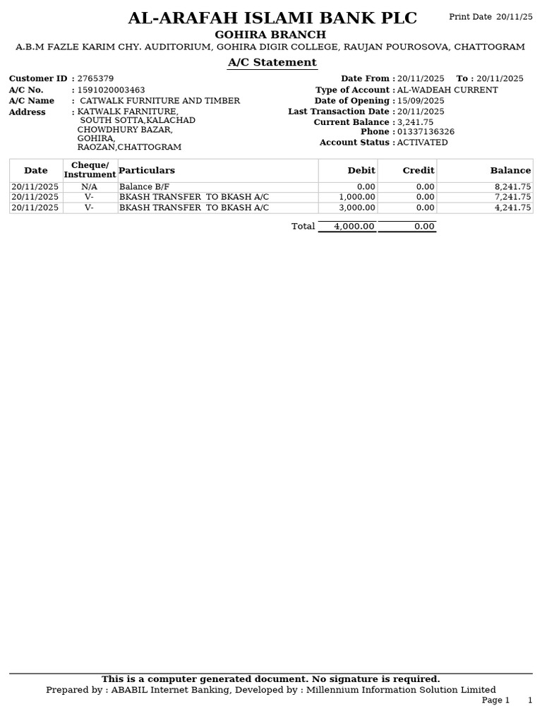Arafah Bank Current Account Statement | PDF