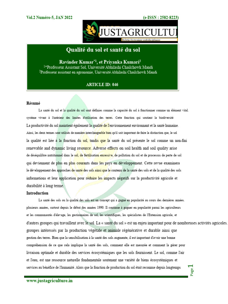 Santé et qualité du sol en agriculture | PDF | Sol (pédologie ...