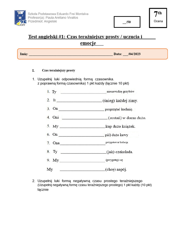 Test Angielski Klasy 7 | PDF