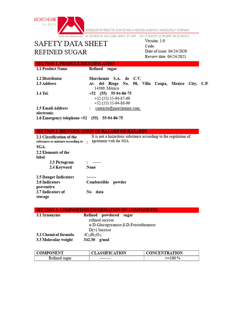 Safety Data Sheet for Refined Sugar | PDF | Toxicity | Dangerous Goods