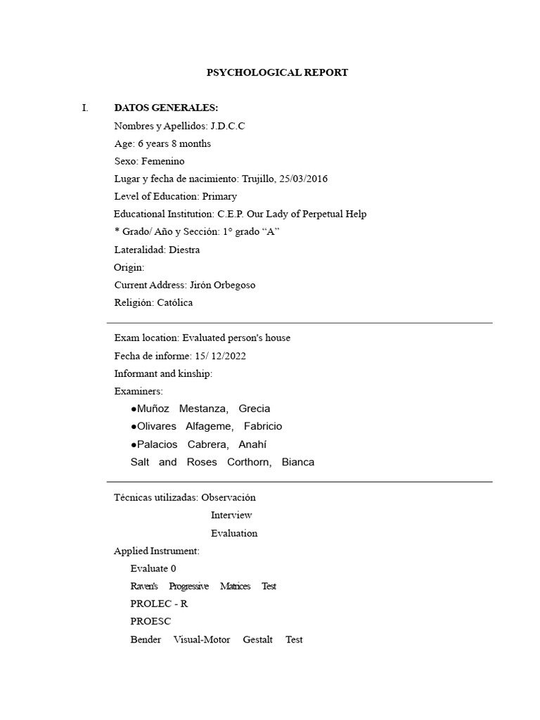 Psychological Report: Child Anxiety Evaluation | PDF | Cognition ...