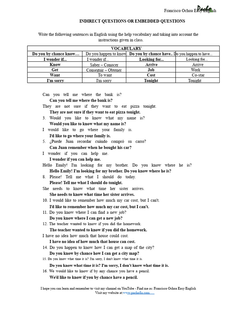 Indirect Questions in English Practice | PDF | Linguistics | Human ...
