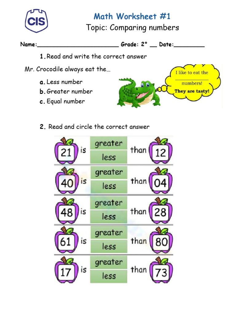 Comparing Numbers Worksheet LN1 | PDF