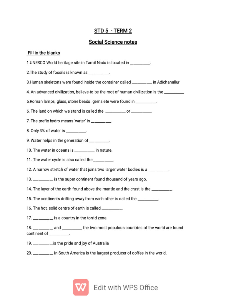Social Science Notes for STD 5 Term 2 | PDF | Continent | Water