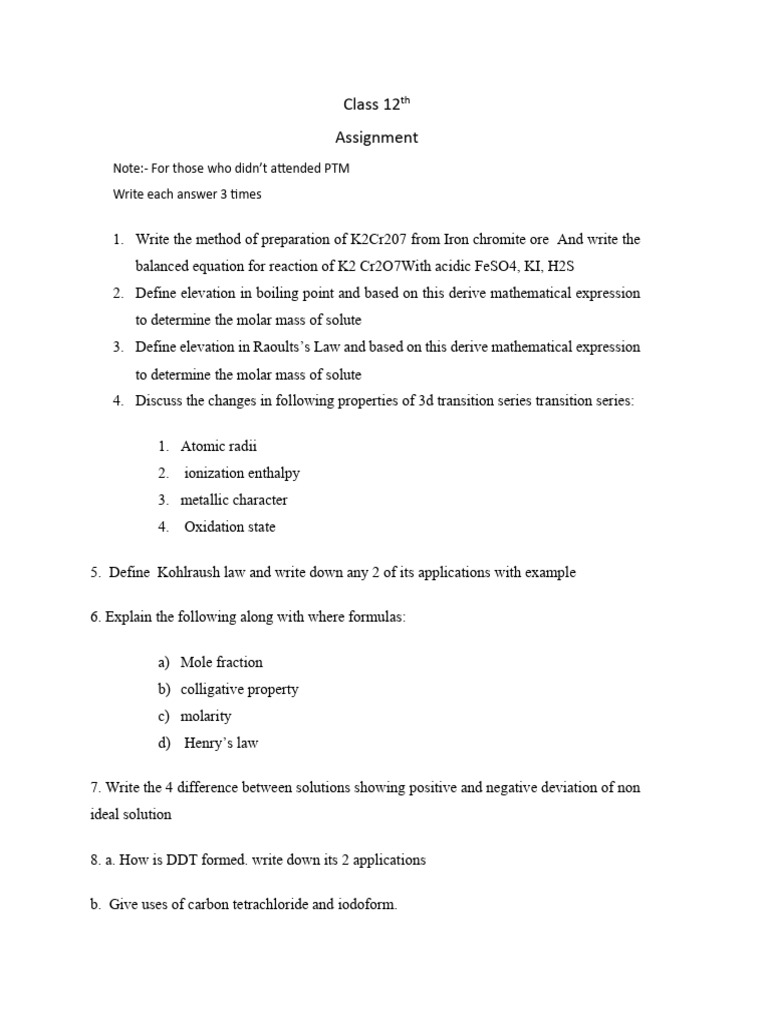 Class 12 Chemistry Assignment Guide | PDF