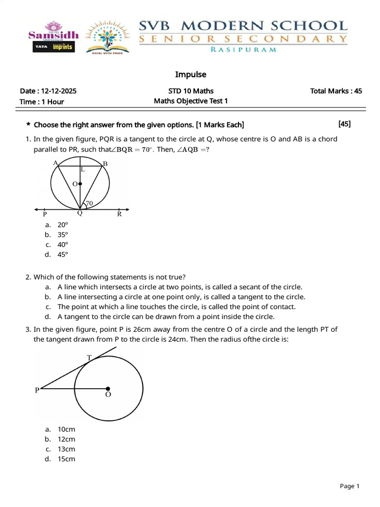 Class 10 Maths Objective Test 1 | PDF | Circle | Area