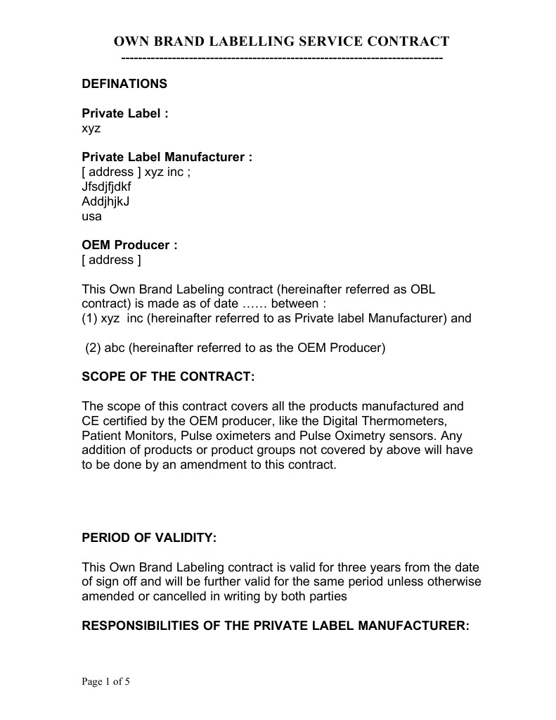 OBL Agreement Typical  PDF  Quality Management System  Computing In own brand labelling agreement template